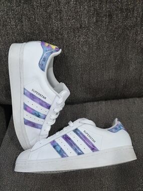 Adidas Superstar White Sneakers with Purple & Blue Tie-Dye Accents
